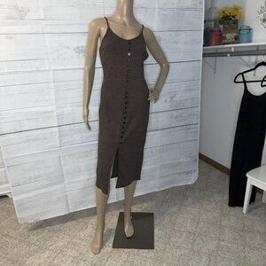 Brown Buttoned Ribbed Knit Sleeveless Midi Dress with Slit